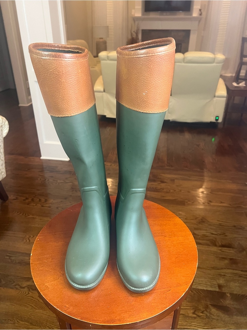 Tory Burch Green and Tan Tall Rain Boots